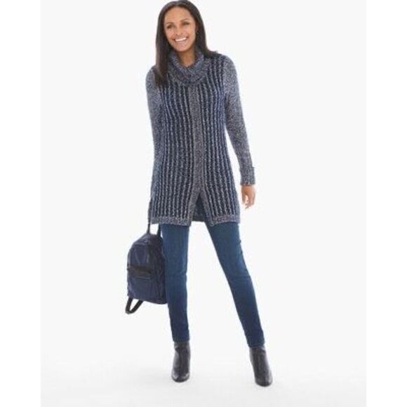 Chico’s Textured Tina Cardigan Sweater in Navy Chain Detail Snaps Size 4 - Picture 1 of 15